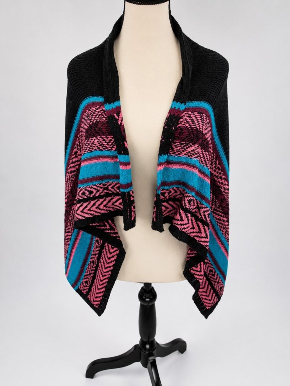 Route 66 Girls Black Open Front Cardigan Sweater Aztec Print Knit XL (14/16)